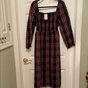 J. Crew Black and Red Plaid Long-Sleeve Midi Dress